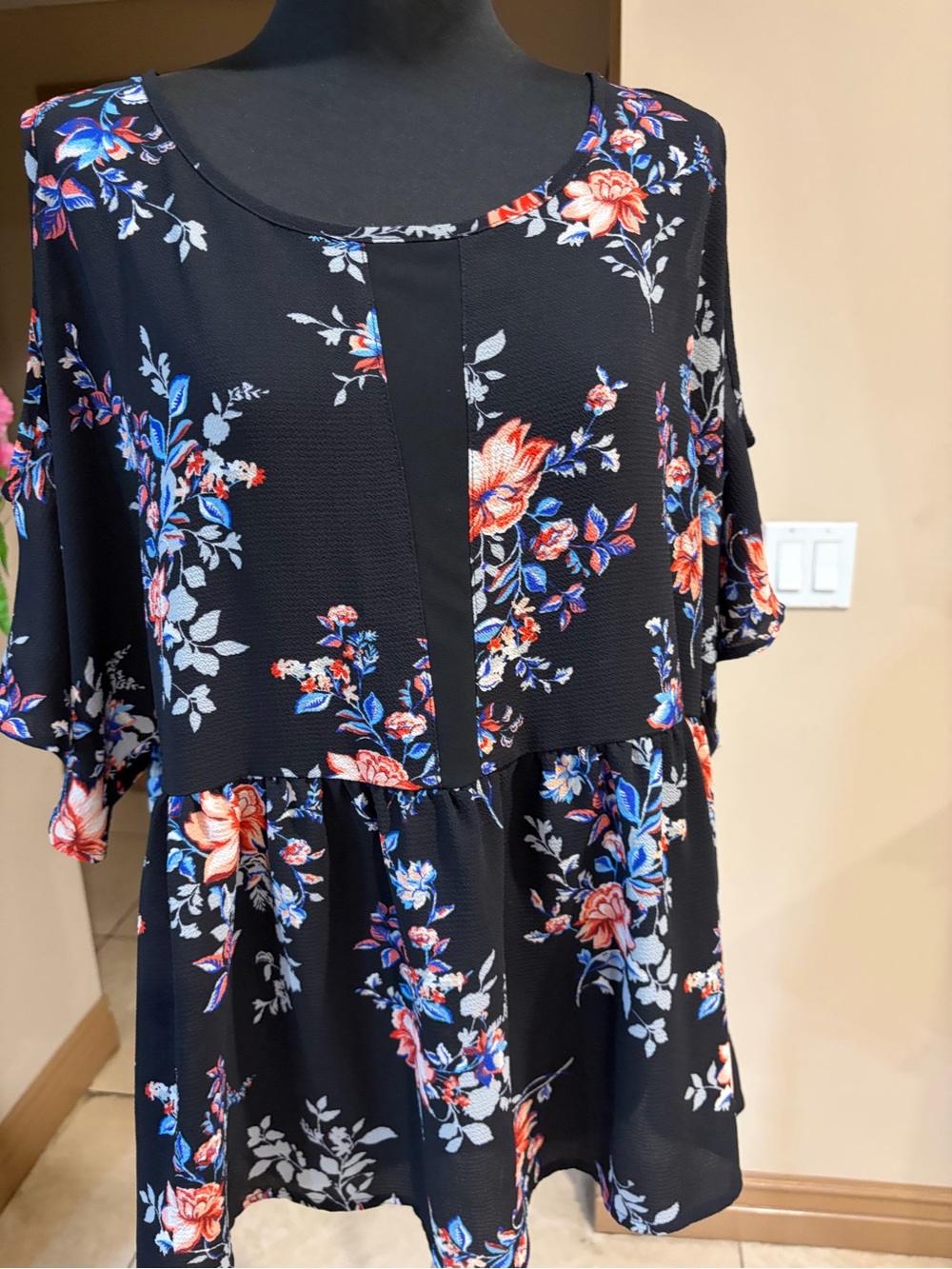 bobeau Black blouse with Coral and Blue Floral Print